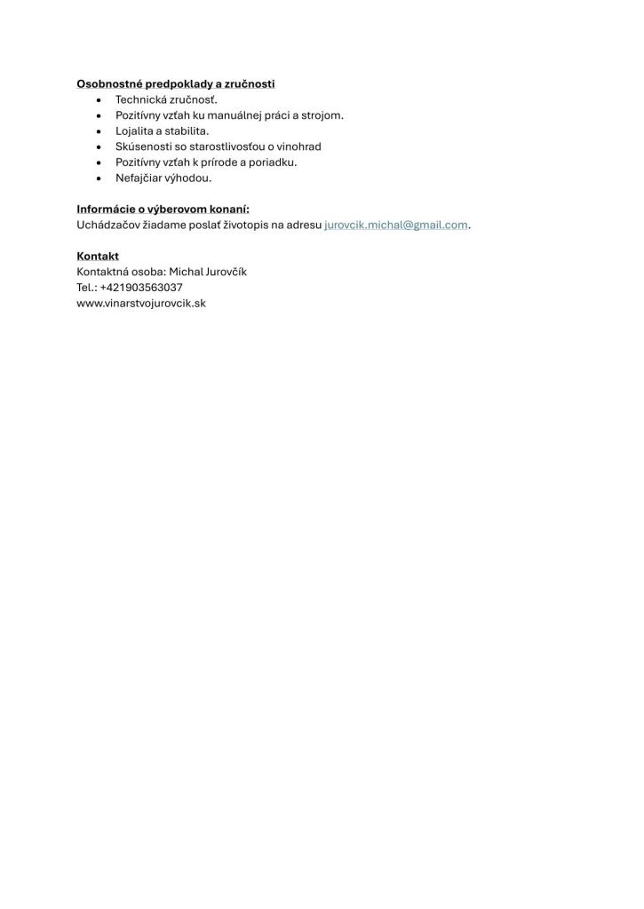 PRACOVNÁ PONUKA NA&nbsp;POZÍCIU VINOHRADNÍCKY AGRONÓM/TRAKTORISTA 